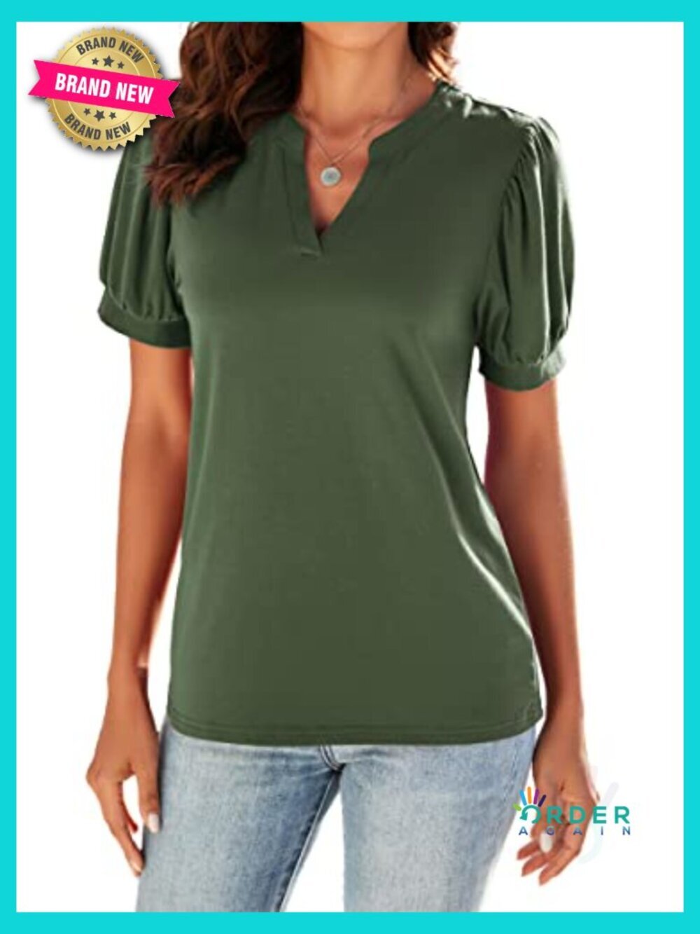 Olive Green V-Neck Puff Short Sleeve Blouse Tunic Dressy Casual Tops Soft - Picture 4 of 7